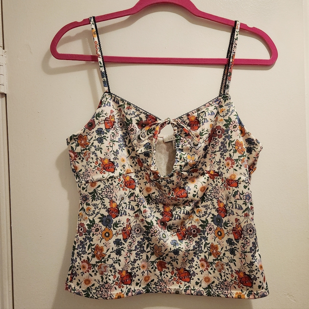 Topshop Floral Flame Heart Y2K Keyhole Tie Front Cami Top Size 10